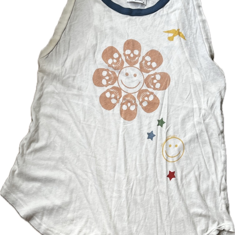 Lauren Moshi White Muscle Tee with Skull Flower Design no flaws!